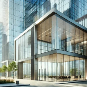 A modern office building with large glass windows made from laminated glass with PVB film